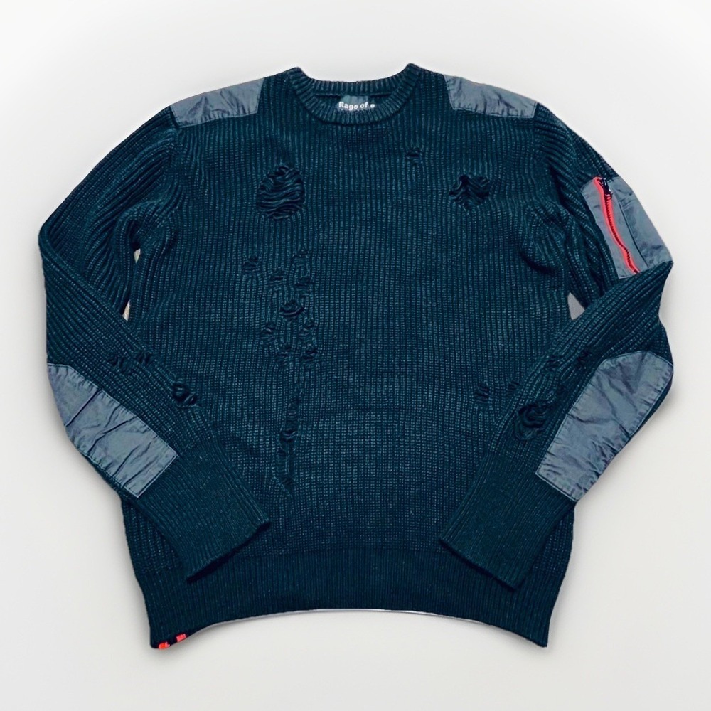 Rage Of A Rebellion Destroyed Sweater Zip Side Black‎ Edgy Grungy Shredded 2XL